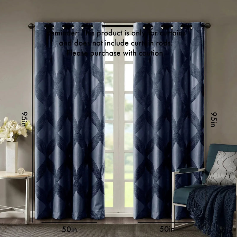 Total Blackout Curtain Panel Polyester Ogee Jacquard Navy For Any Room