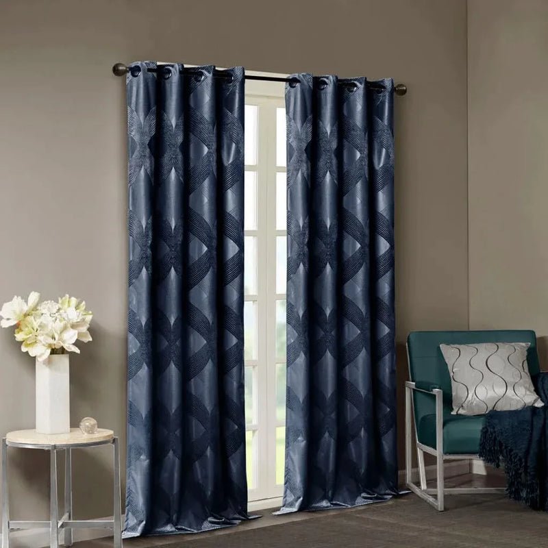 Total Blackout Curtain Panel Polyester Ogee Jacquard Navy For Any Room
