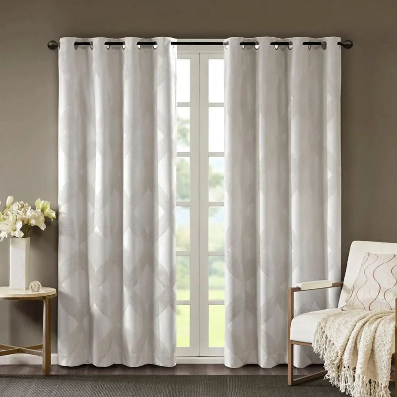 Total Blackout Curtain Panel & Ogee Jacquard Polyester Ivory SunSmart