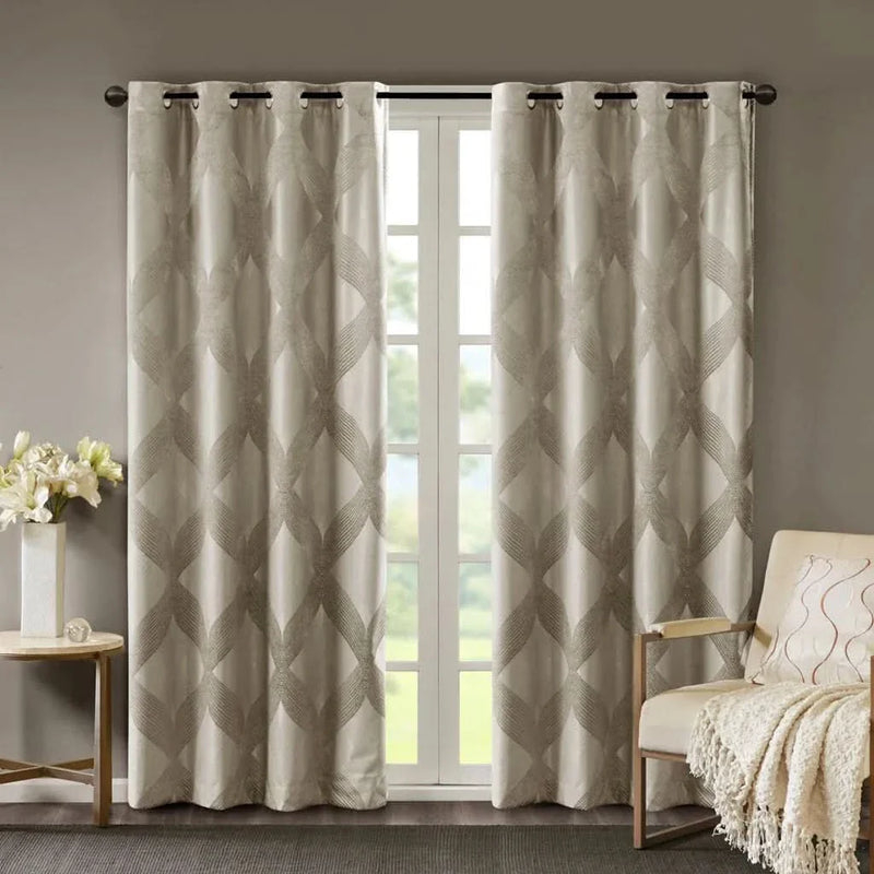 Total Blackout Curtain Panel Ogee Jacquard Polyester Sunsmart Taupe