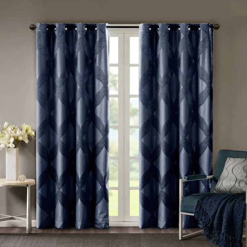 Total Blackout Curtain Panel Ogee Jacquard Polyester Navy Light Blocking