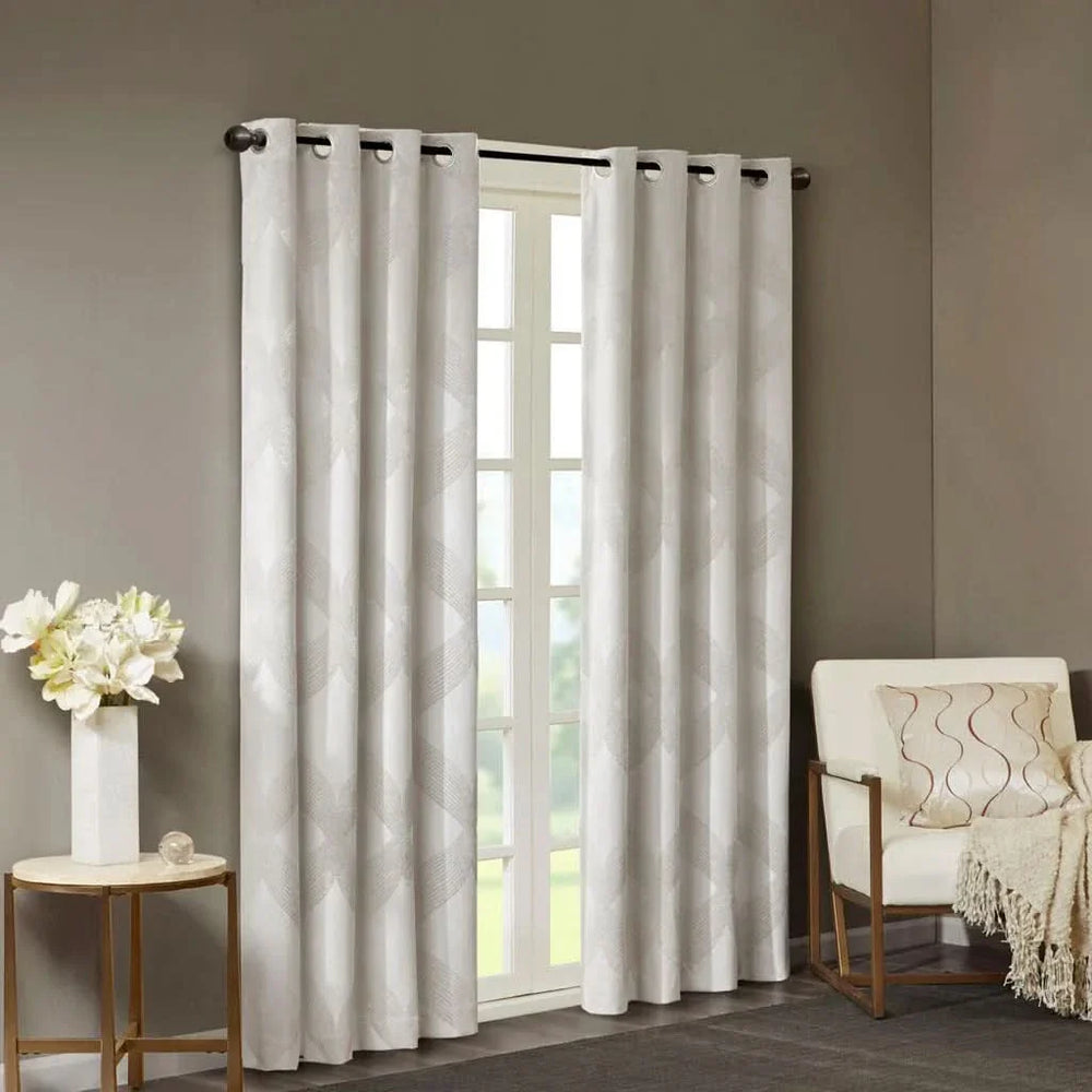 Total Blackout Curtain Panel & Ogee Jacquard Polyester Ivory SunSmart Media 8