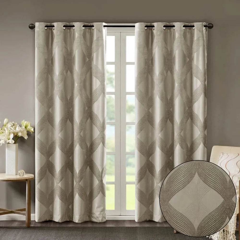 Total Blackout Curtain Panel Ogee Jacquard Polyester Sunsmart Taupe Media 5