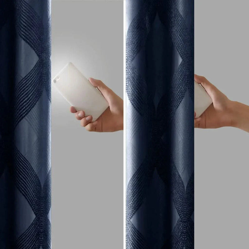 Total Blackout Curtain Panel Polyester Ogee Jacquard Navy For Any Room