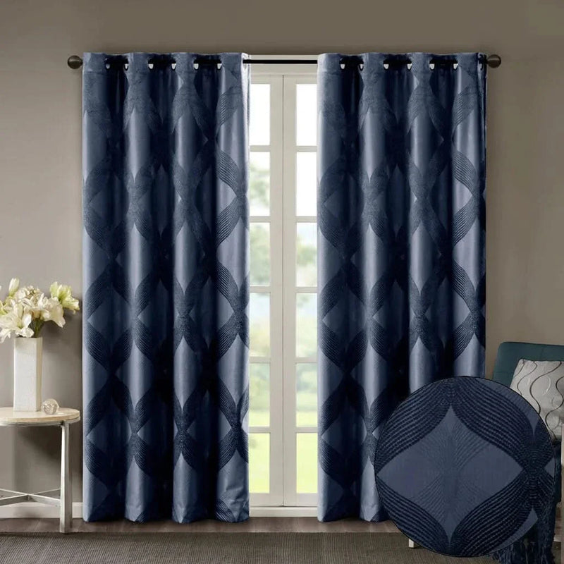 Total Blackout Curtain Panel Polyester Ogee Jacquard Navy For Any Room