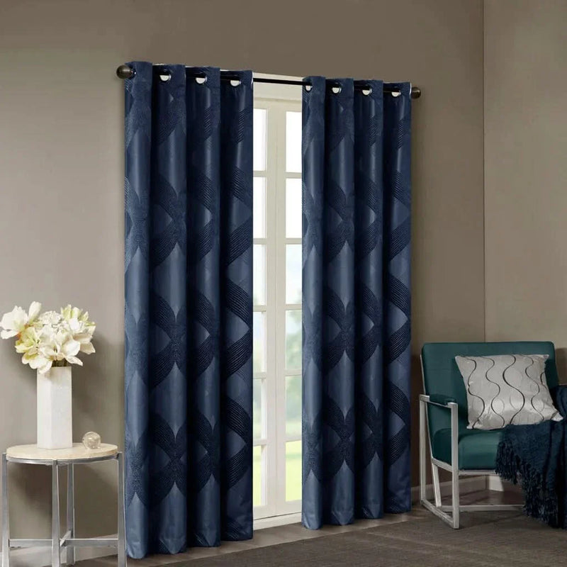 Total Blackout Curtain Panel Polyester Ogee Jacquard Navy For Any Room