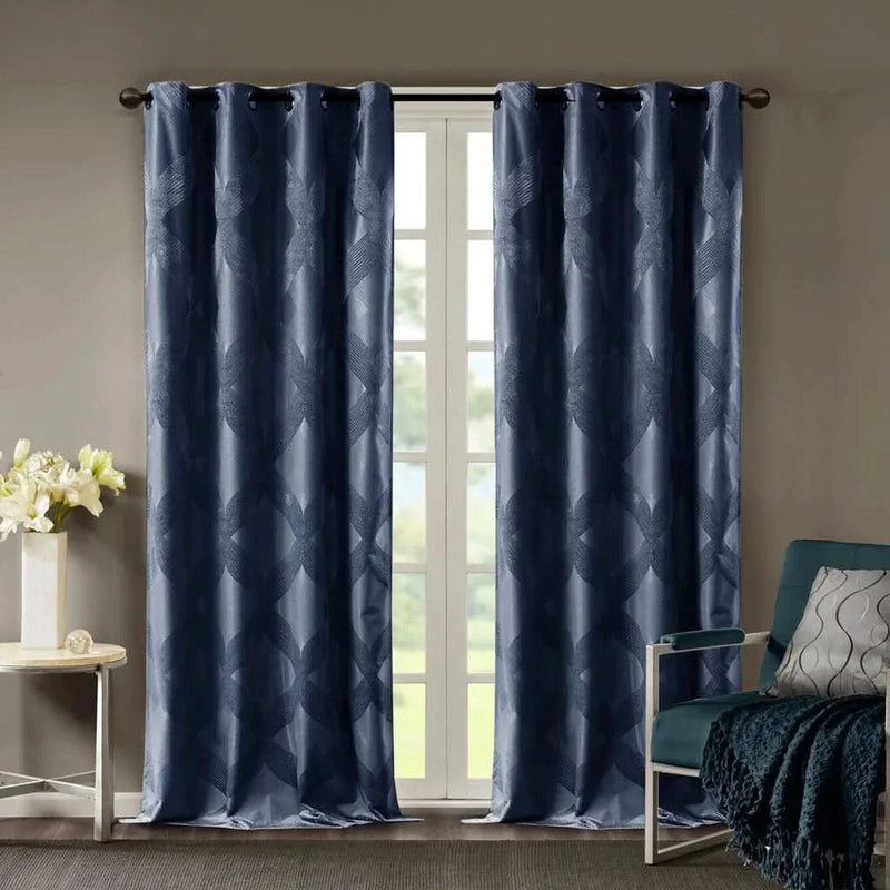 Total Blackout Curtain Panel Polyester Ogee Jacquard Navy For Any Room
