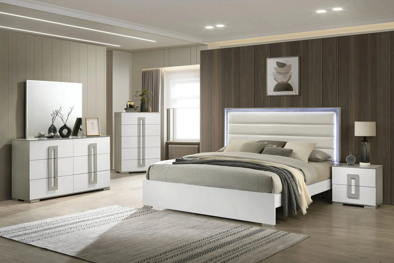 Queen Size Bedroom Set LED Headboard White Wood Finish Contemporary
