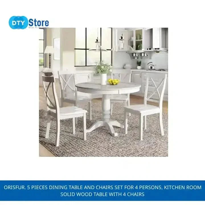 Dining Table Set Solid Wood Round Pedestal & 4 Chairs For 4 People
