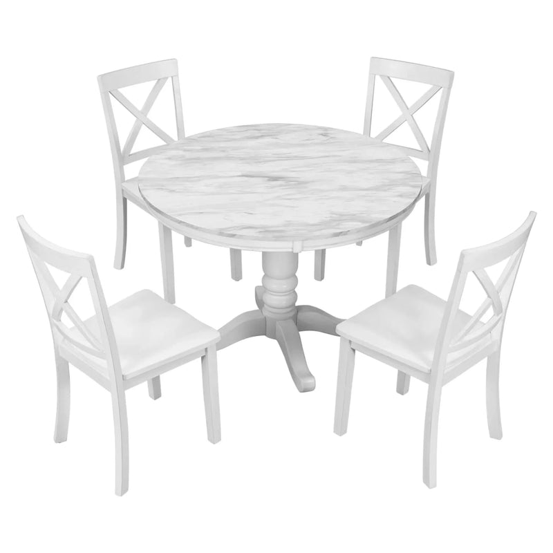 Dining Table Set Solid Wood Round Pedestal & 4 Chairs For 4 People