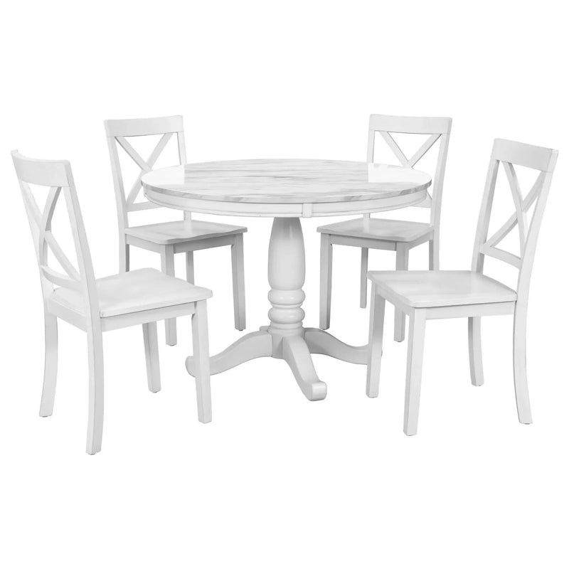 Dining Table Set Solid Wood Round Pedestal & 4 Chairs For 4 People