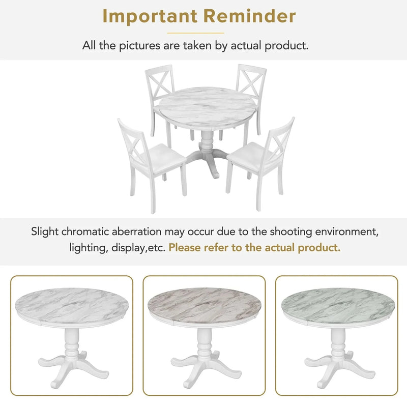 Dining Table Set Solid Wood Round Pedestal & 4 Chairs For 4 People