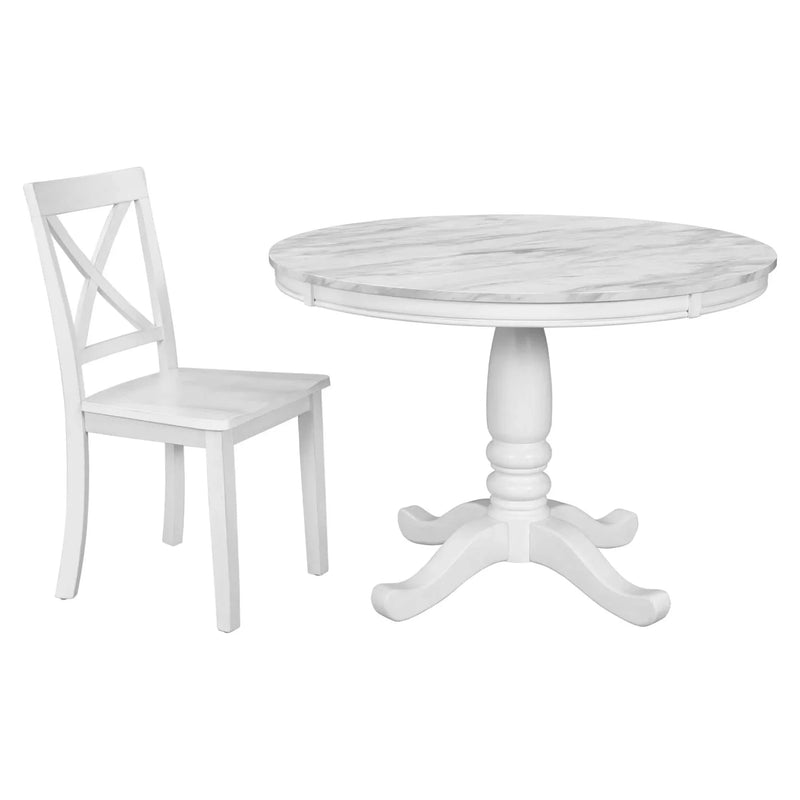 Dining Table Set Solid Wood Round Pedestal & 4 Chairs For 4 People
