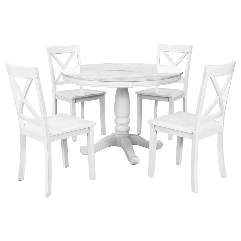 Dining Table Set Solid Wood Round Pedestal & 4 Chairs For 4 People
