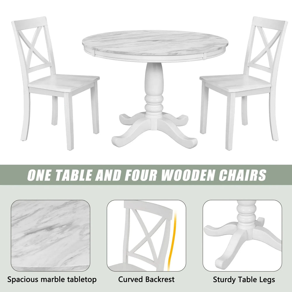 Dining Table Set Solid Wood Round Pedestal & 4 Chairs For 4 People Media 4