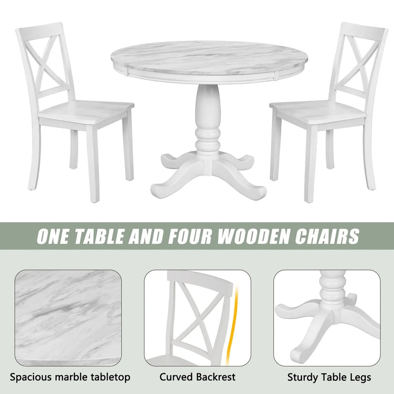 Dining Table Set Solid Wood Round Pedestal & 4 Chairs For 4 People