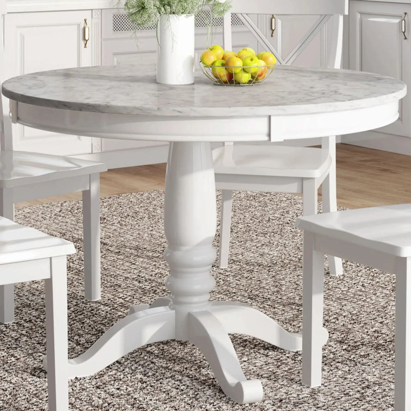 Dining Table Set Solid Wood Round Pedestal & 4 Chairs For 4 People