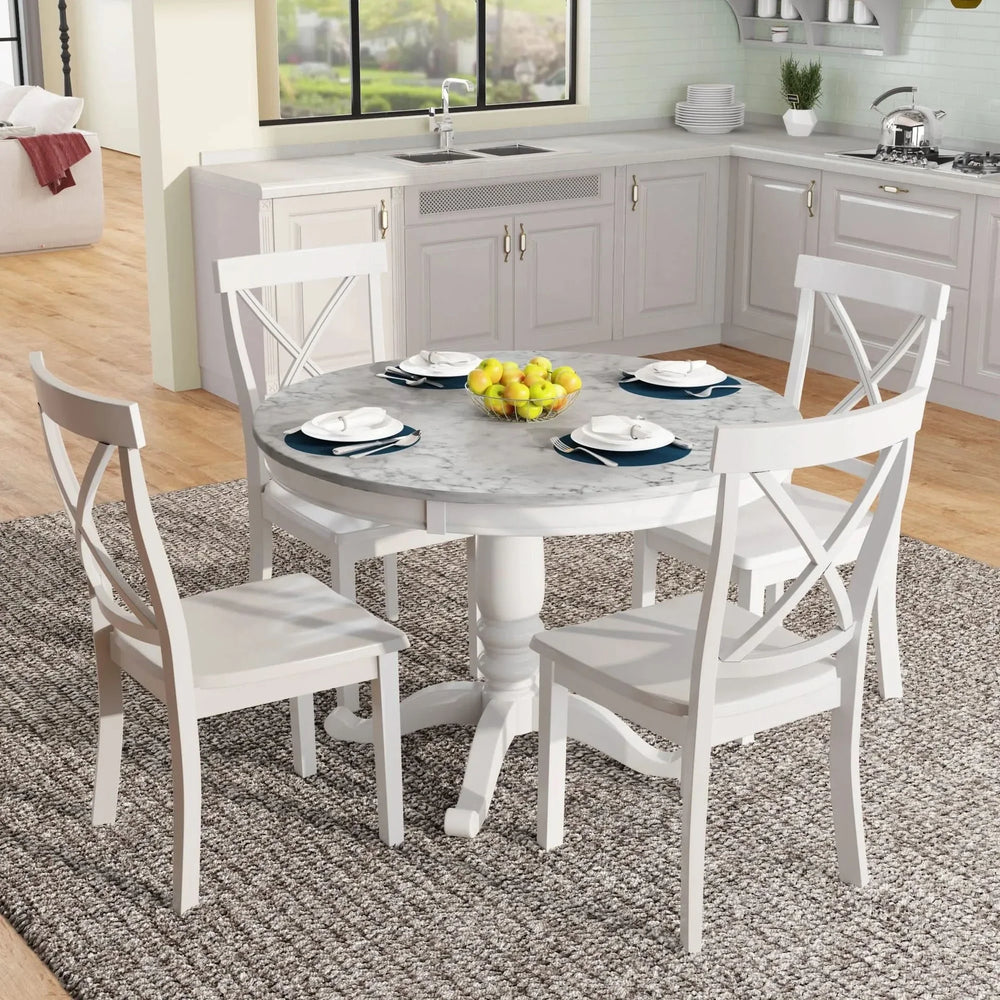 Dining Table Set Solid Wood Round Pedestal & 4 Chairs For 4 People Media 2