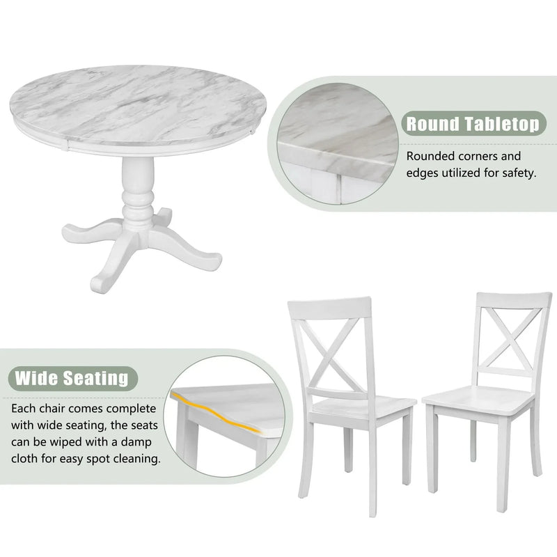 Dining Table Set Solid Wood Round Pedestal & 4 Chairs For 4 People