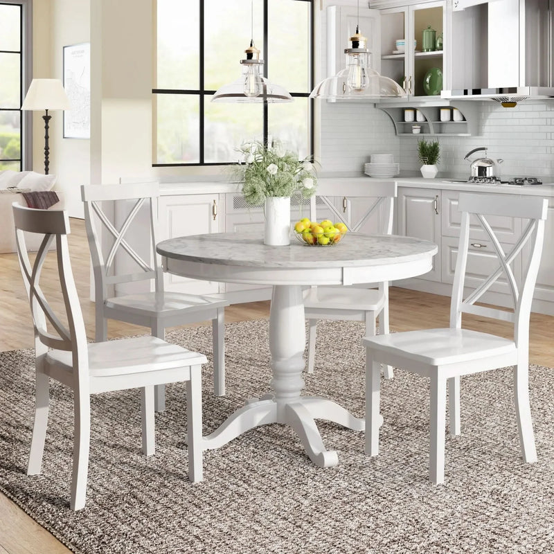 Dining Table Set Solid Wood Round Pedestal & 4 Chairs For 4 People