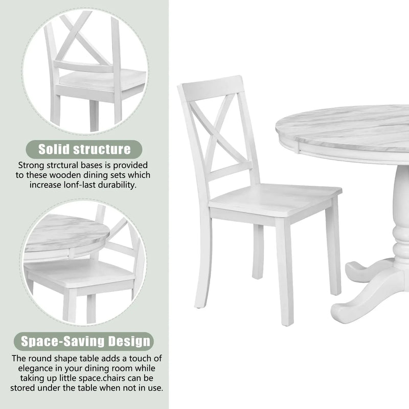 Dining Table Set Solid Wood Round Pedestal & 4 Chairs For 4 People