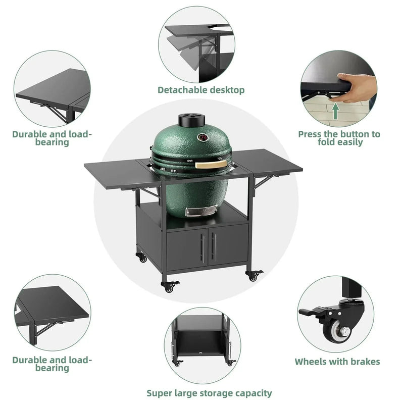 Grill Cart Metal With Folding Panels For Large Egg Grills Outdoor Use