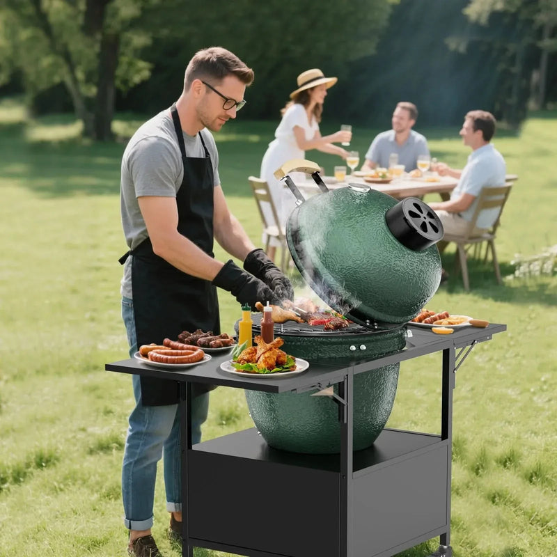 Grill Cart Metal With Folding Panels For Large Egg Grills Outdoor Use