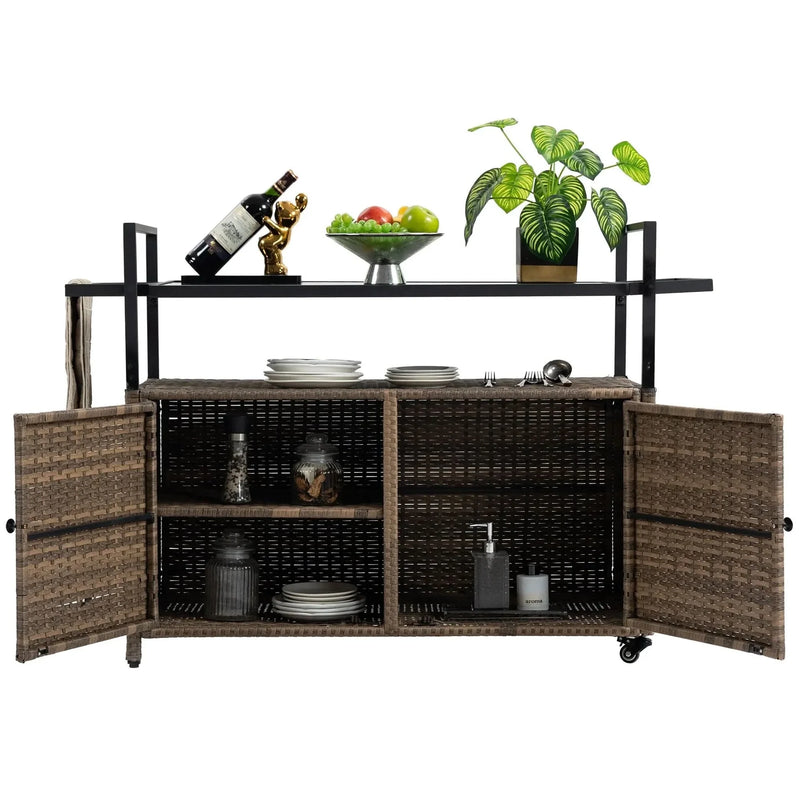 Outdoor Wicker Bar Cart Glass Top Wheeled Beverage Station Patio Garden