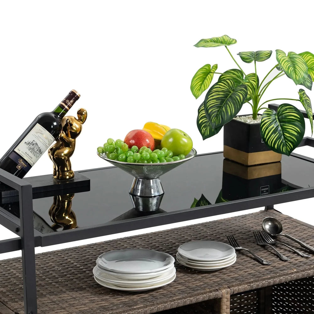 Outdoor Wicker Bar Cart Glass Top Wheeled Beverage Station Patio Garden Media 13