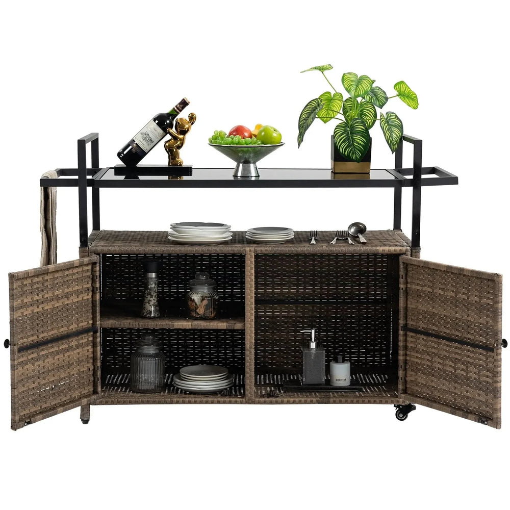 Outdoor Wicker Bar Cart Glass Top Wheeled Beverage Station Patio Garden Media 8