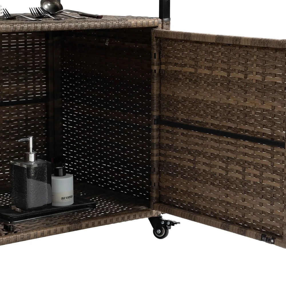 Outdoor Wicker Bar Cart Glass Top Wheeled Beverage Station Patio Garden Media 10