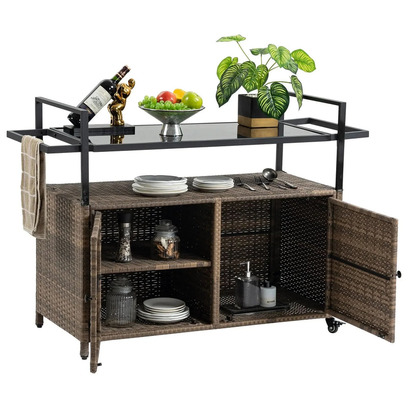 Outdoor Wicker Bar Cart Glass Top Wheeled Beverage Station Patio Garden