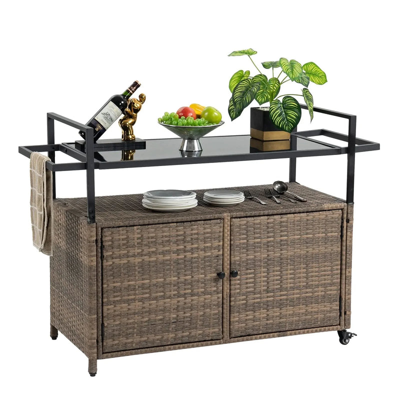 Outdoor Wicker Bar Cart Glass Top Wheeled Beverage Station Patio Garden