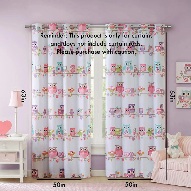 Owl Printed Curtain Panel Foam Backed Polyester Shade RoomDarkening