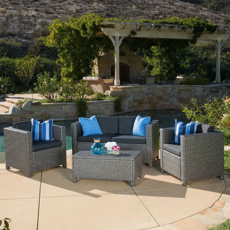 Outdoor Patio Wicker Conversation Sofa Set Rattan Fabric All Weather