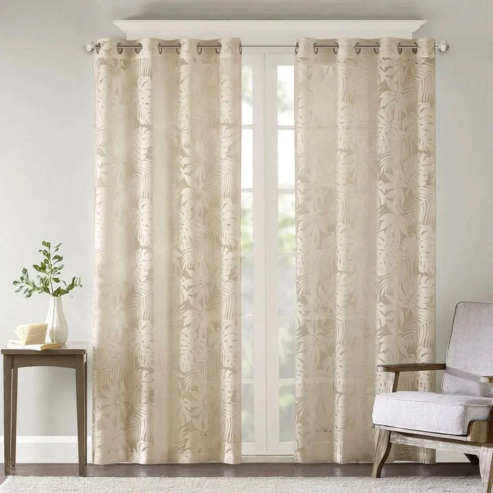 Window Curtains Polyester Palm Leaf Burnout Pattern Sheer Natural Media 1