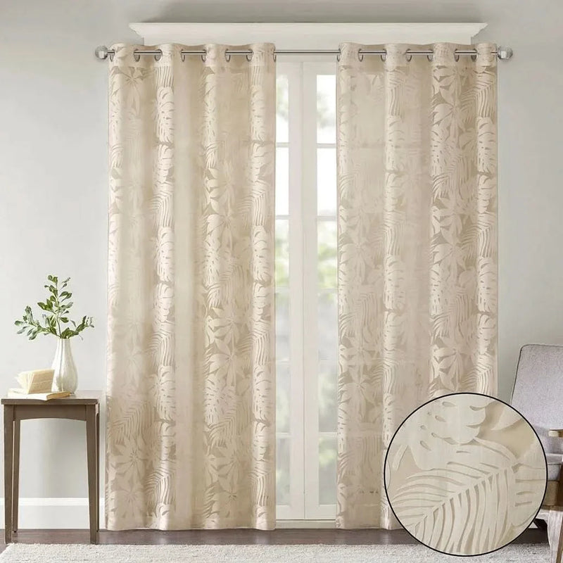 Window Curtains Polyester Palm Leaf Burnout Pattern Sheer Natural