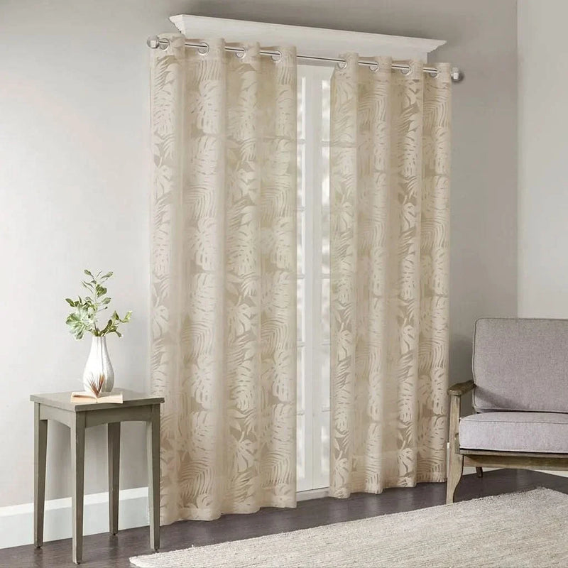 Window Curtains Polyester Palm Leaf Burnout Pattern Sheer Natural