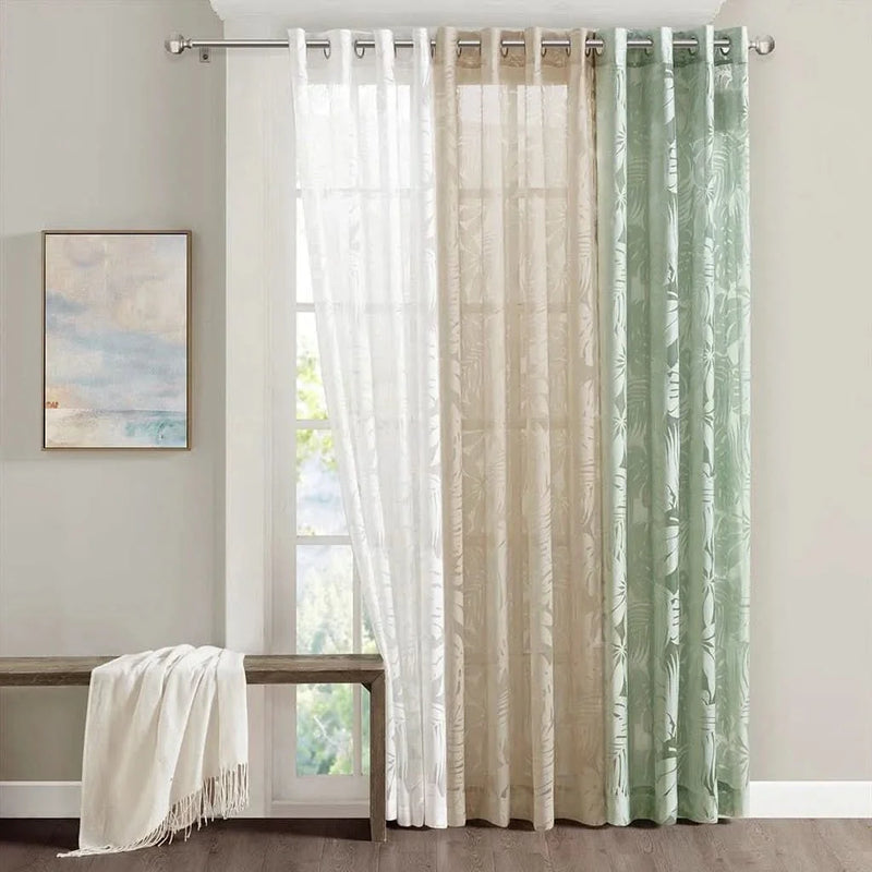 Window Curtains Polyester Palm Leaf Burnout Pattern Sheer Natural
