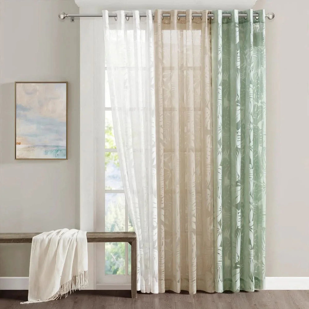 Palm Leaf Burnout Curtain Polyester Sheer Window Panel Sage Green 50x84 Media 7