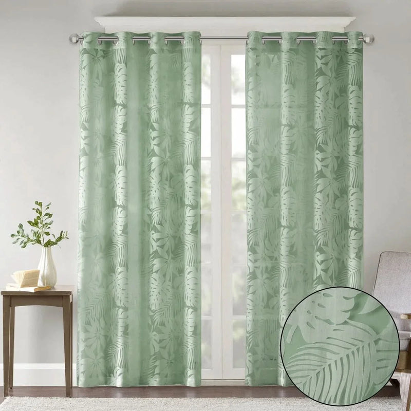 Palm Leaf Burnout Curtain Polyester Sheer Window Panel Sage Green 50x84