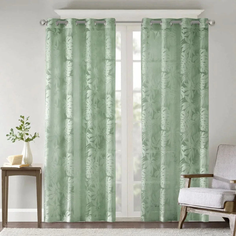 Palm Leaf Curtains Polyester Burnout Sage Green 50x95 Inches Window Panel