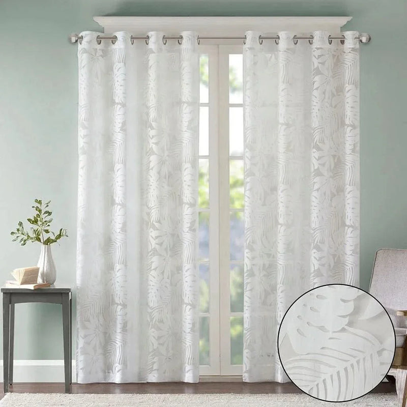 Palm Leaf Burnout Curtain Polyester Diffusing White Window Drapery