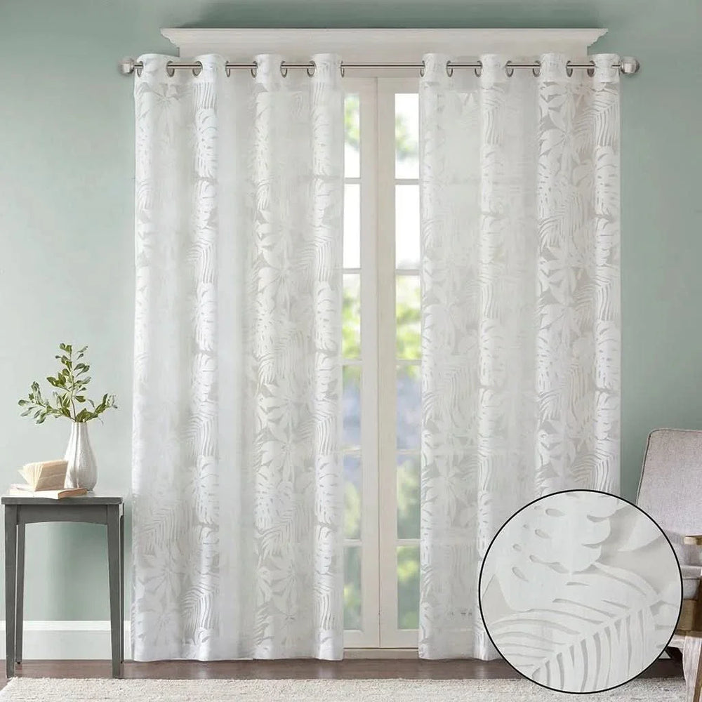 Palm Leaf Burnout Allover Polyester White Window Panel 50x84 Inch Media 3