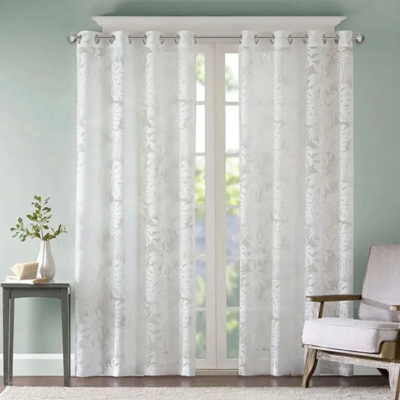 Palm Leaf Burnout Allover Polyester White Window Panel 50x84 Inch