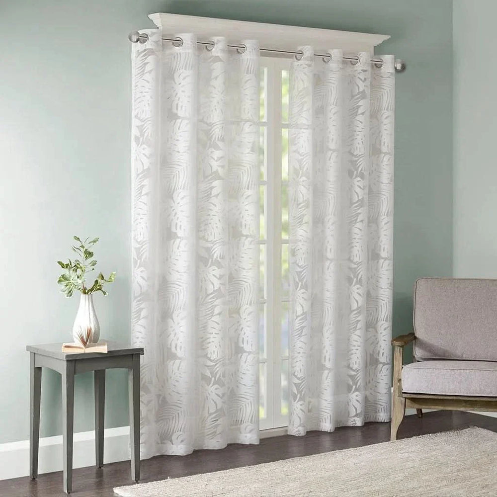 Palm Leaf Burnout Allover Polyester White Window Panel 50x84 Inch Media 1