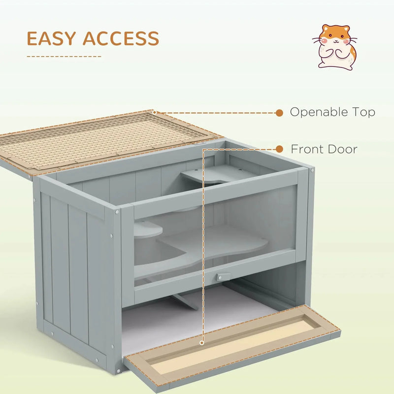 Hamster Cage Wood Two Level Habitat Open Top Front Door Shelf For Small Pets