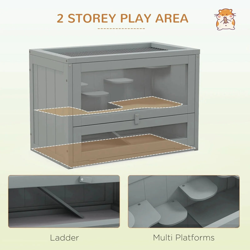 Hamster Cage Wood Two Level Habitat Open Top Front Door Shelf For Small Pets