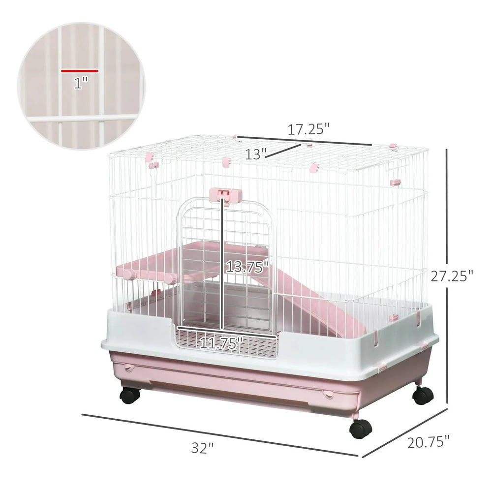 Small Animal Cage Iron & Plastic 2 Level With Wheels Pink Removable Tray Media 7