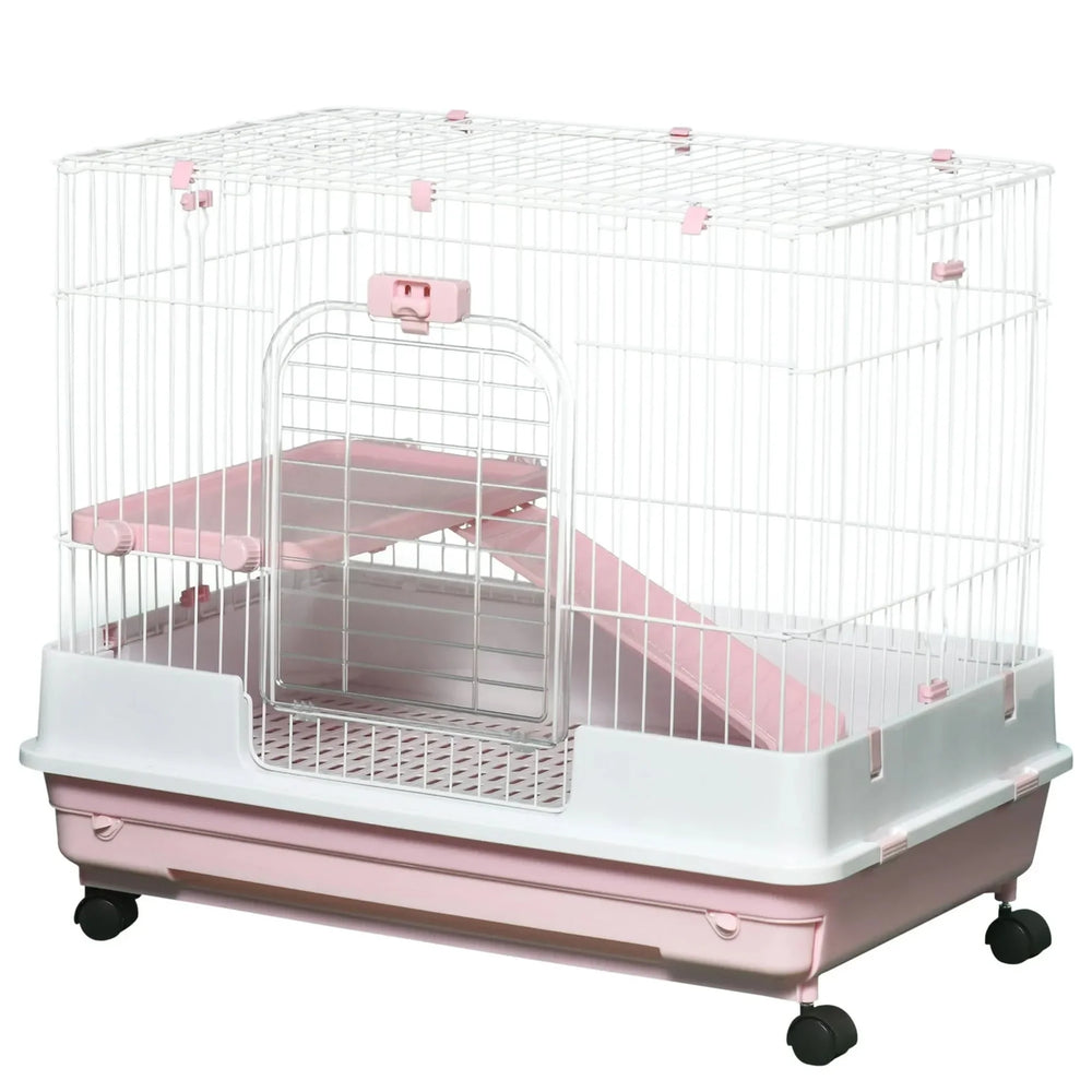 Small Animal Cage Iron & Plastic 2 Level With Wheels Pink Removable Tray Media 10